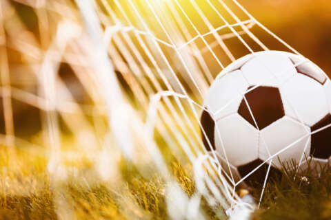 Fußball auf grünem Gras im Tornetz