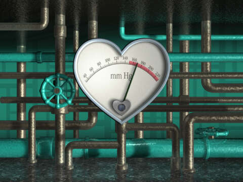 Bluthochdruck: Ein Rohrsystem führt zu einem metallisch geformten Herz auf dem die Pulsfrequenz angezeigt wird