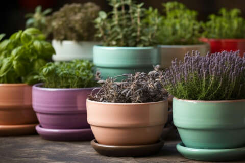 Küchenkräuter: Verschiedene Küchenkräuter in bunten Töpfen auf einer Holzplatte.