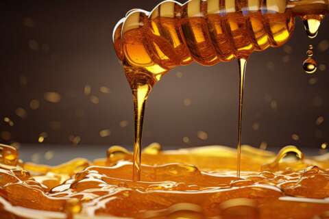 Honig und Wasser -Honig tropft von einem Höniglöffel aus Holz