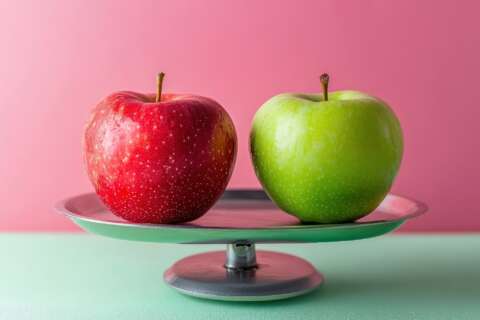 Stoffwechseltraining/Energiebilanz: Waage mit rotem und grünem Apfel